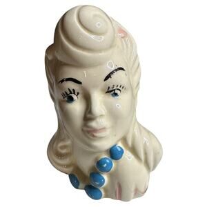 Vintage 1940s Glamour Girl White Ceramic Head Plant Succulent Vase PinUp Lady 7"